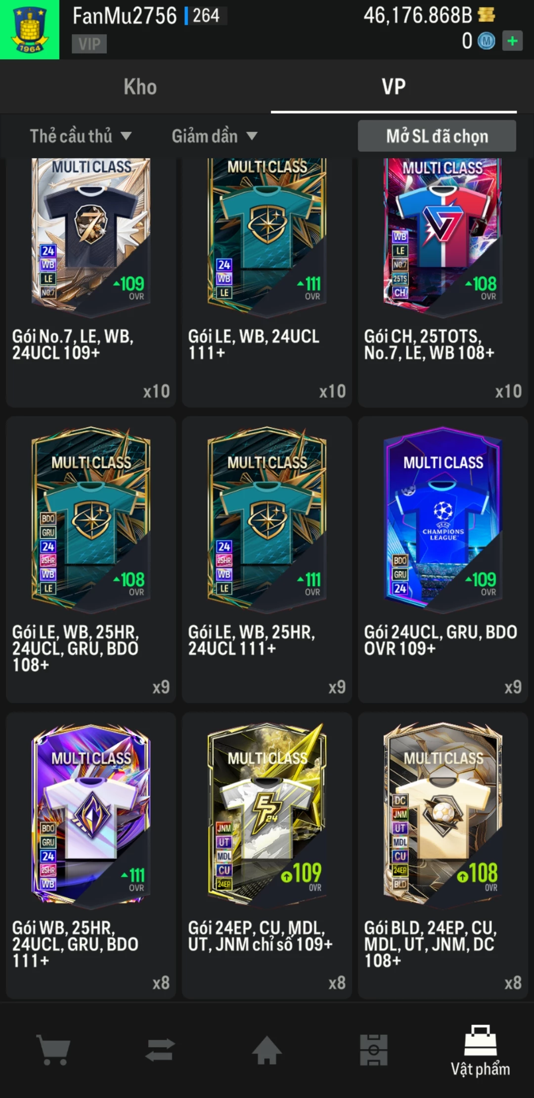 Ảnh ACC mở thẻ (LOẠI SVIP PROMAX) bao gồm có thẻ +12, thẻ Prime (có QH, CP, XS) và 1500+ đến 2000+ thẻ cầu thủ từ Siêu sao đến Miền núi các loại khác. Có sẵn BP trắng trong acc từ 40.000 tỷ BP đến 46.000 tỷ BP kèm theo nhiều ngày SVIP